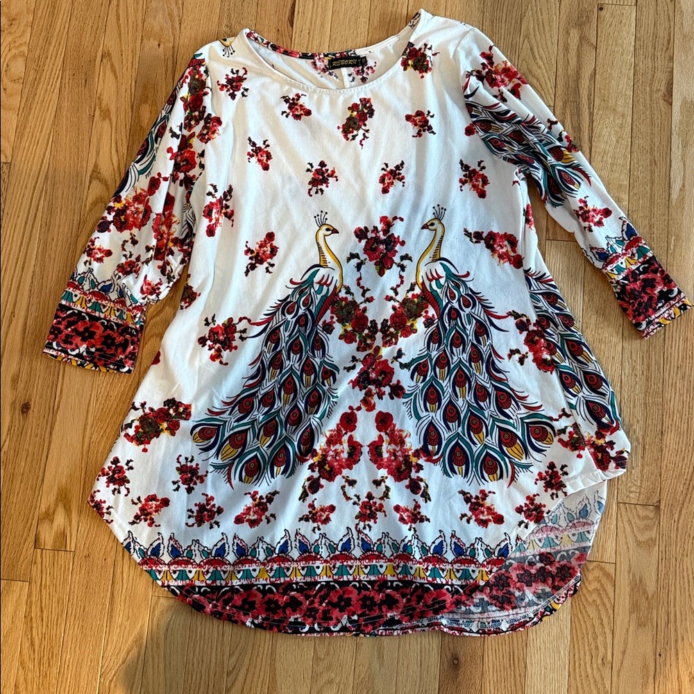 Reborn White and Red Peacock Tunic Dress